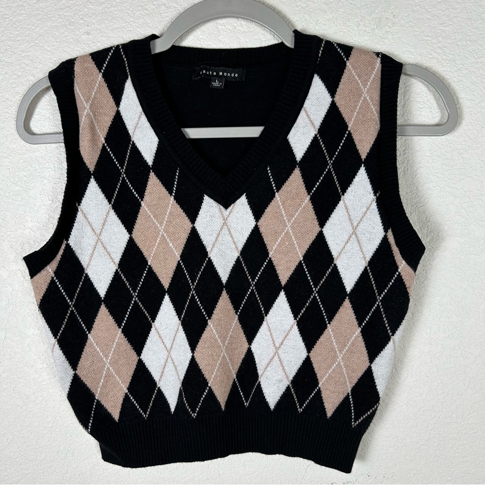 Haute Monde Women’s Sz L cropped argyle knit vest preppy academia Schoolgirl